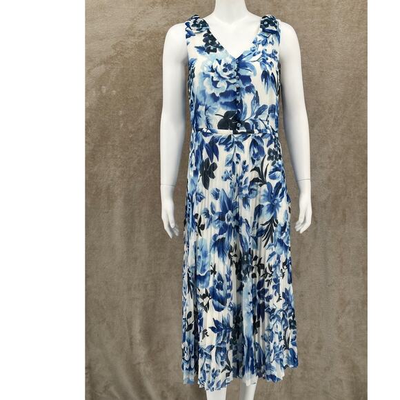 Talbots Dress Womens 10 Blue White Floral Sleeveless‎ Midi Office Church Modest - Picture 1 of 11